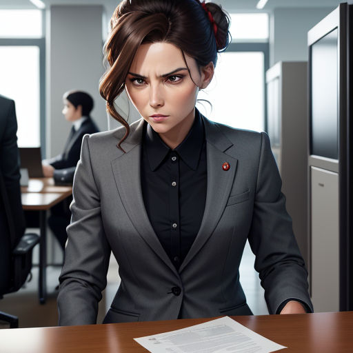a woman in a suit sitting at a desk in an office setting with a piece of paper in front of her