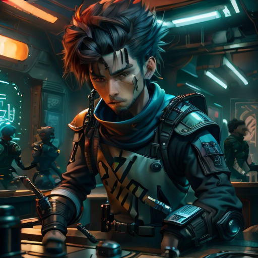 a man in a sci - fi fi outfit standing in a room with other people in the background and a neon light