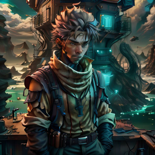 a man with a scarf around his neck standing in front of a house with a clock tower on it