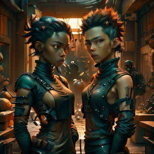 two women in futuristic clothing standing in a room with a mirror behind them and a clock on the wall