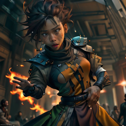 a woman in a costume with flames in her hands and a crowd of people in the background behind her
