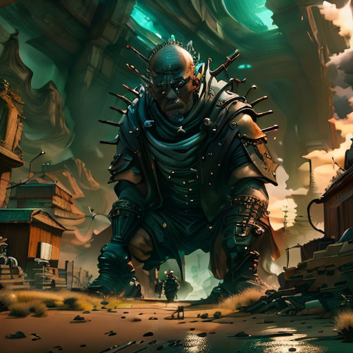 a man in armor standing in a fantasy setting with a giant body of water in front of him and a giant building in the background