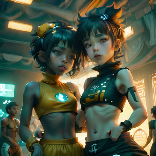 two women in costumes standing next to each other in a room with other people in the background and a neon light