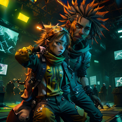 a couple of people standing next to each other in a room with neon lights and a neon sign above them
