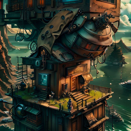 a house with a giant clock on top of it in the middle of a lake with a boat in the water