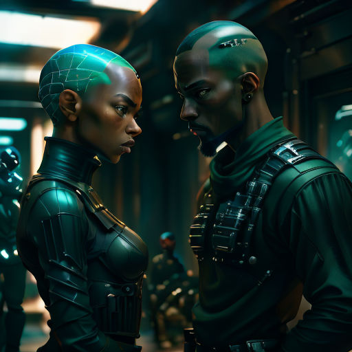 a couple of sci - fi filths standing next to each other in a room with other people