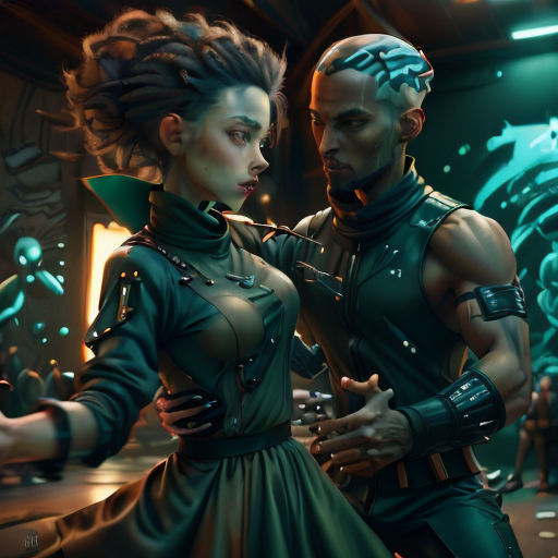 a man and a woman in a sci - fi setting with a futuristic background and a green light behind them