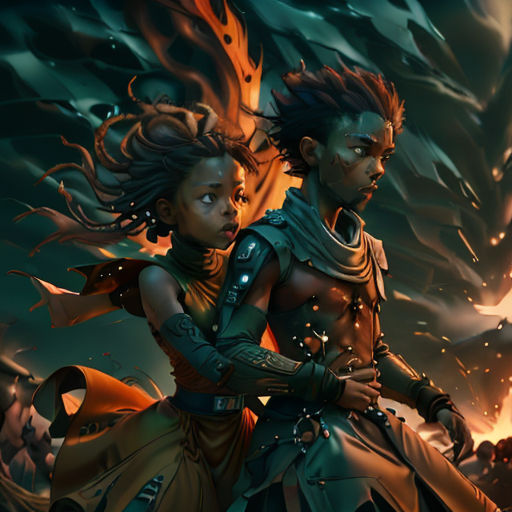 a couple of people standing next to each other in front of a fire filled sky with flames and smoke