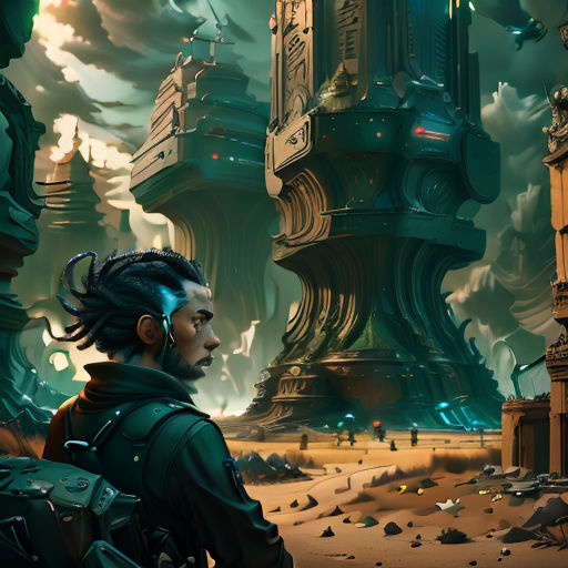 a man with dreadlocks looking at a strange tower in the sky with a clock on it's side