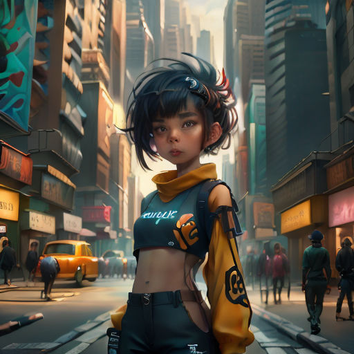 a woman in a futuristic city with a yellow jacket on her shoulders and a black top on her shoulders