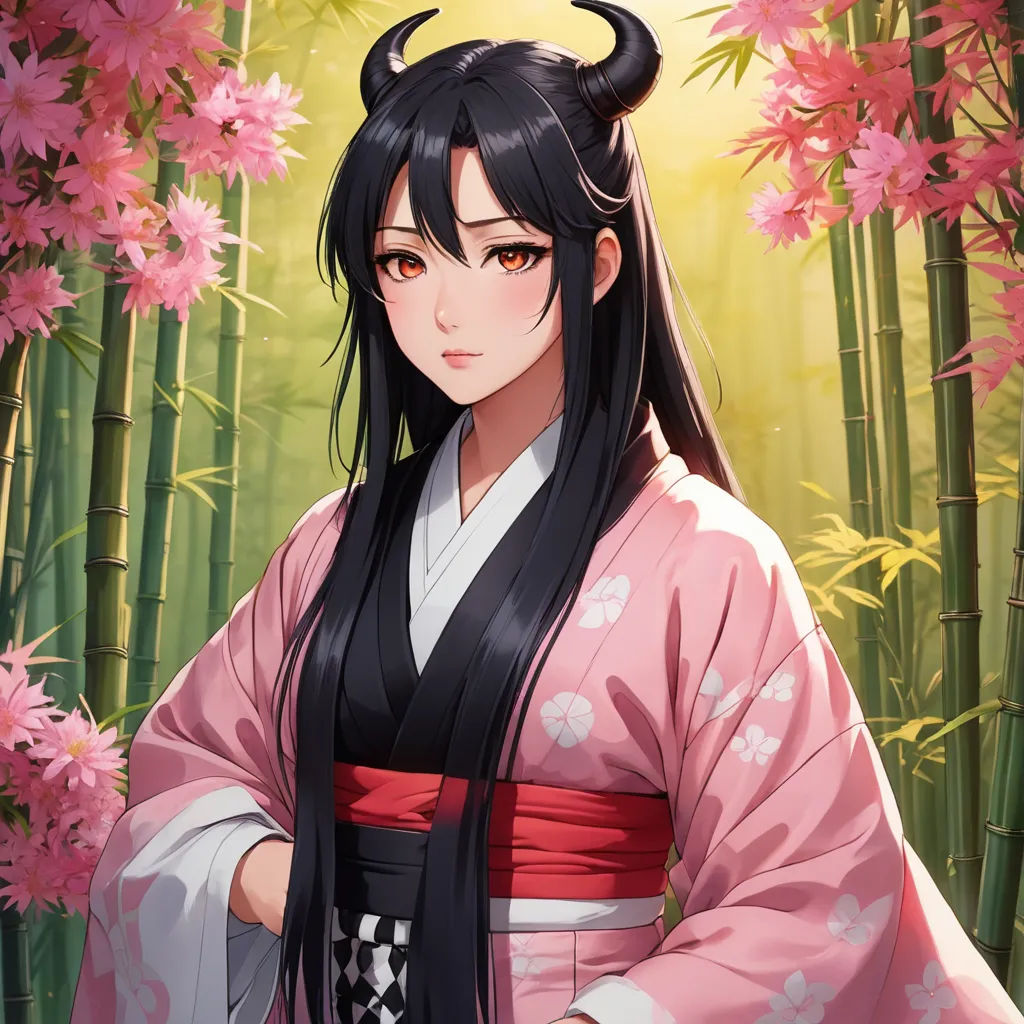 a woman in a kimono standing in front of bamboo trees with pink flowers in the background and a bamboo tree with pink flowers, sots art, a character portrait, Ai-Mitsu, official art