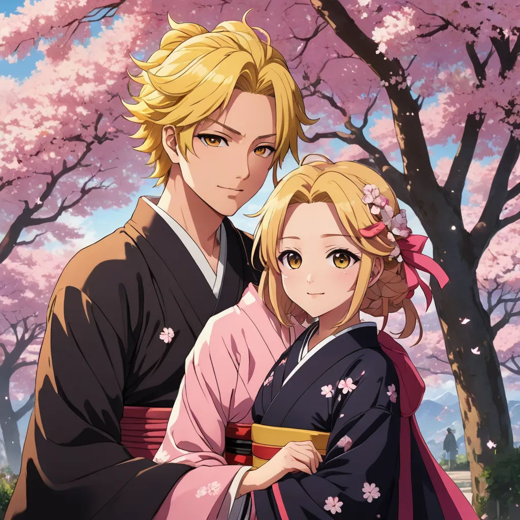 a man and woman in traditional japanese clothing standing in front of a tree with pink flowers and a pink sky, sots art, a fine art painting, Anne Said, official art