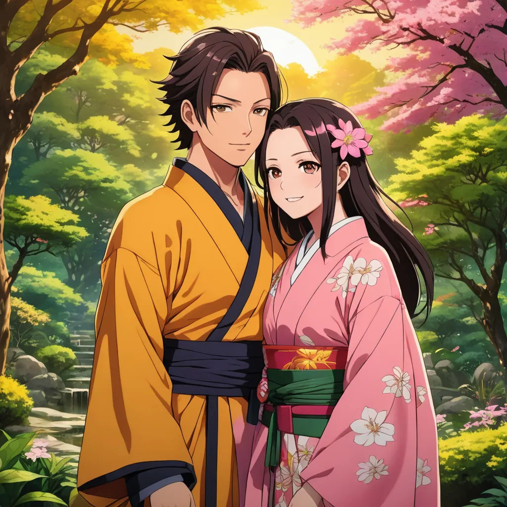 a man and woman in traditional japanese clothing standing in front of a forest with pink flowers and trees in the background, sots art, concept art, Anne Said, official art