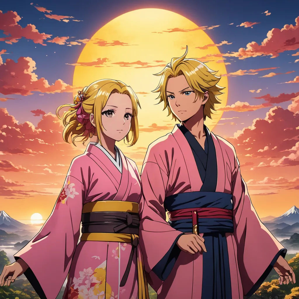 two people in kimonos standing in front of a sunset with mountains and clouds in the background and a full moon in the sky, neo-romanticism, an album cover, Ai-Mitsu, official art
