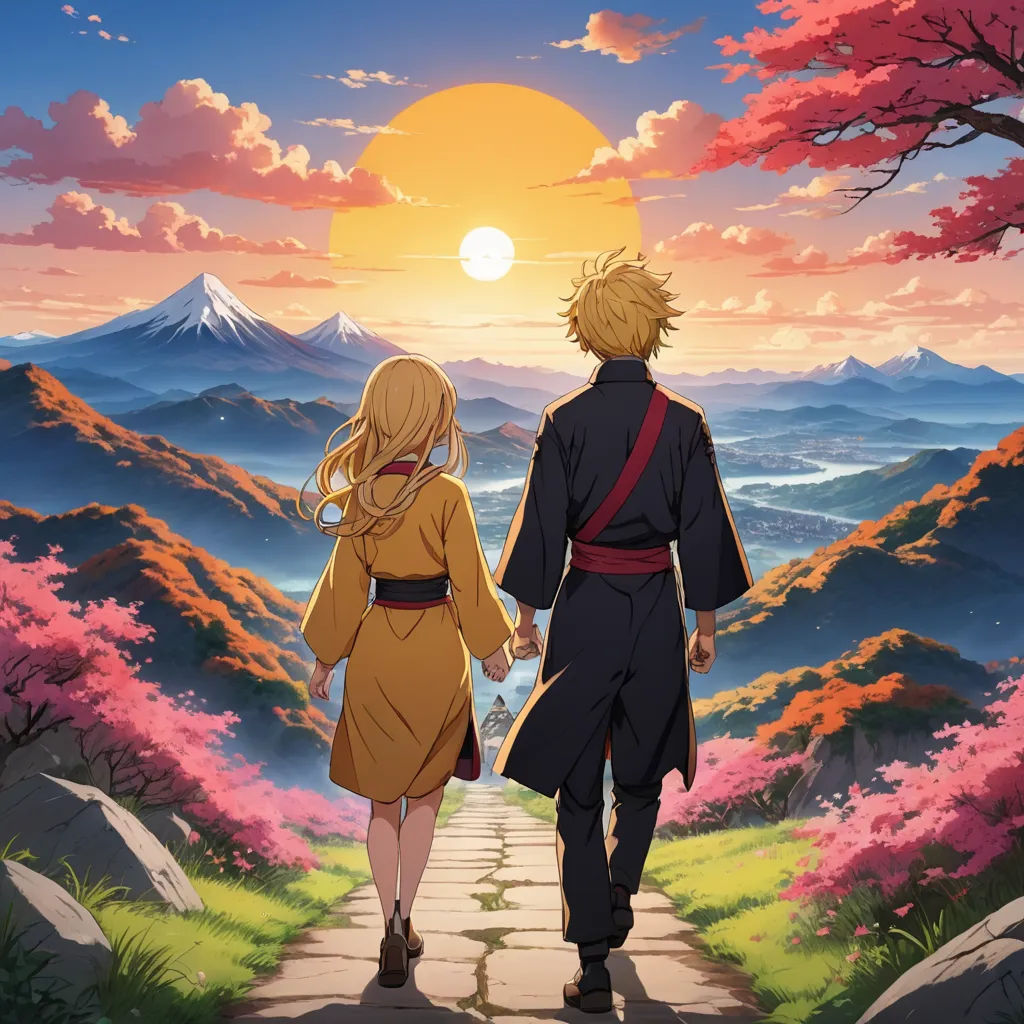 a man and a woman walking down a path towards a mountain range at sunset with the sun setting behind them, neo-romanticism, poster art, Baiōken Eishun, official art