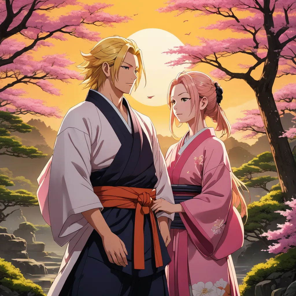 a man and a woman standing in front of a sunset with trees and flowers in the background, with a full moon in the sky, romanticism, a fine art painting, Baiōken Eishun, official art