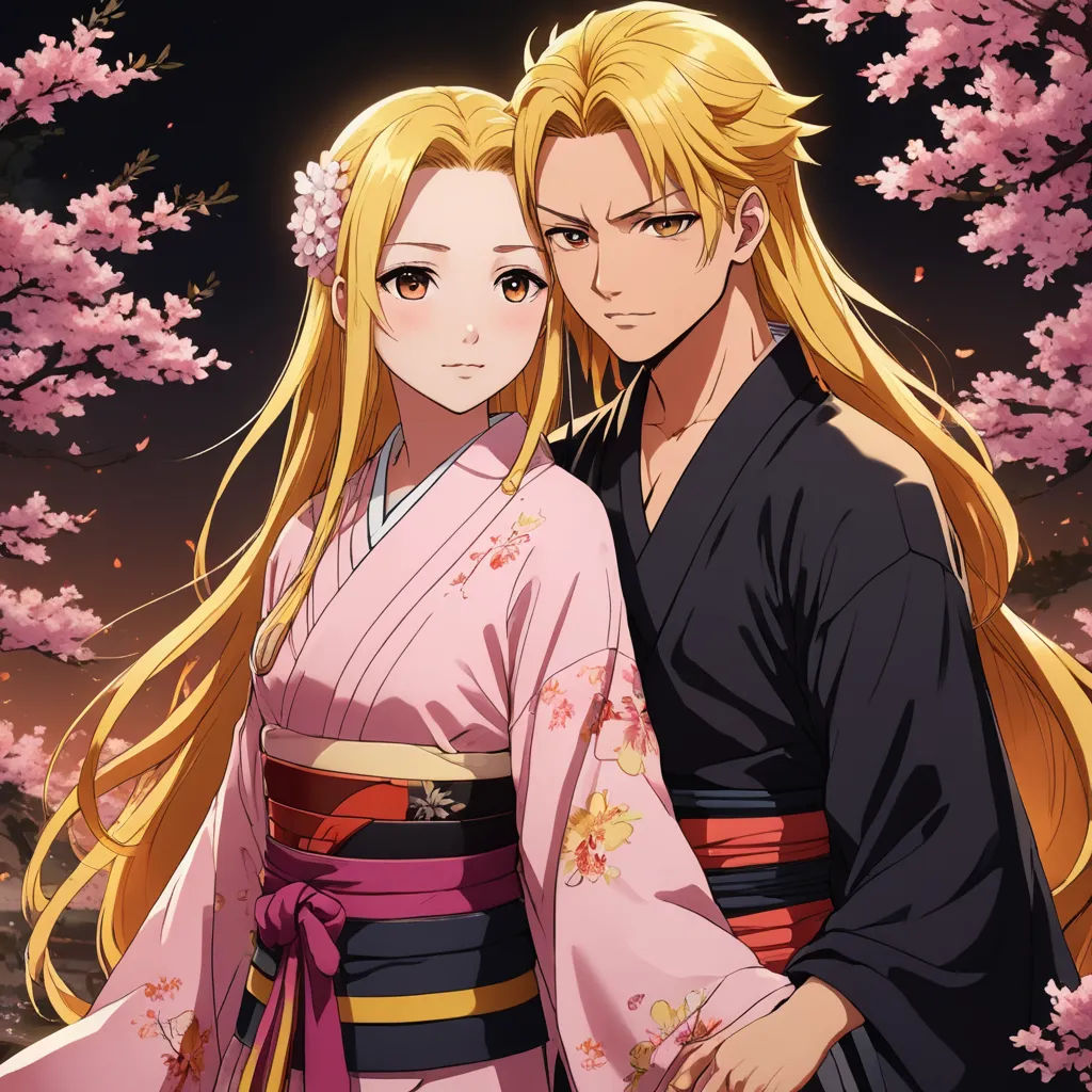 a couple of people standing next to each other in front of a tree with pink flowers on it and a dark background, neo-romanticism, concept art, Baiōken Eishun, official art