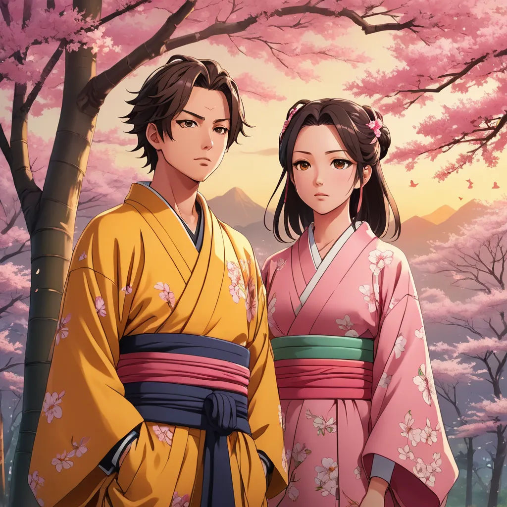 a couple of people standing next to each other near a tree with pink flowers on it and a mountain in the background, sots art, concept art, Baiōken Eishun, official art