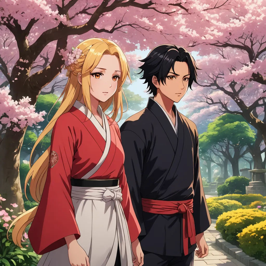 a couple of people standing next to each other in a park with trees and flowers in the background and a man in a kimono, sots art, concept art, Anne Said, official art