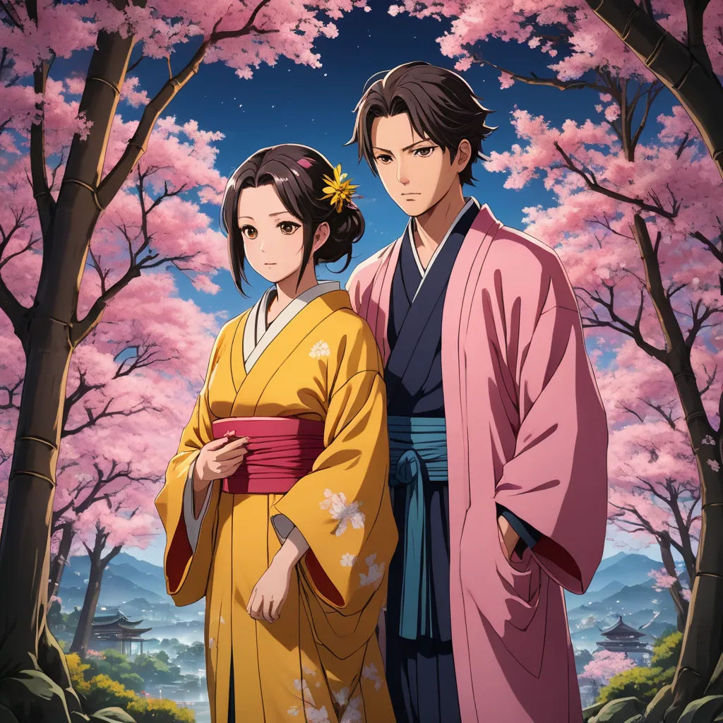 a man and woman in kimono standing in front of a tree with pink blossoms on it and a blue sky, sots art, an album cover, Ai-Mitsu, official art