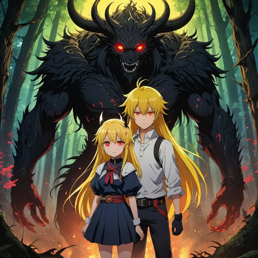 a couple of anime characters standing in front of a demon with long blonde hair and a demon face on their chest, rayonism, poster art, Baiōken Eishun, official art