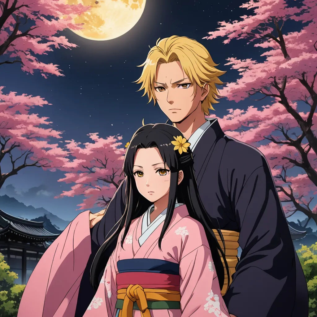 a man and woman in traditional japanese clothing standing in front of a full moon and trees with pink flowers, neo-romanticism, poster art, Baiōken Eishun, official art