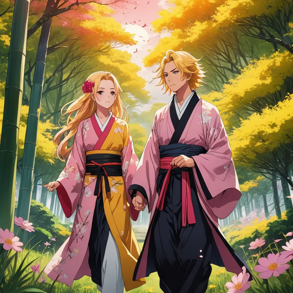 a couple of people that are walking in the grass with flowers in the background and trees in the background, neo-romanticism, a fine art painting, Anne Said, official art