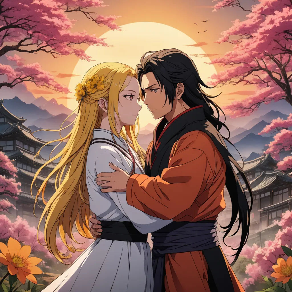 a couple of people standing next to each other in front of a sunset and trees with flowers on it, neo-romanticism, a poster, Anne Said, official art