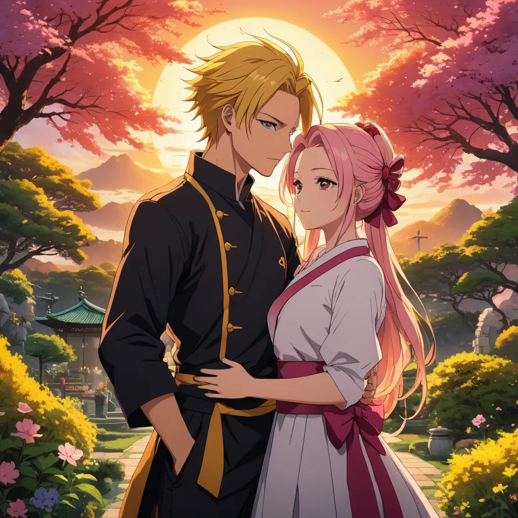 a man and woman standing next to each other in front of a sunset and trees with flowers in the background, neo-romanticism, concept art, Ai-Mitsu, official art