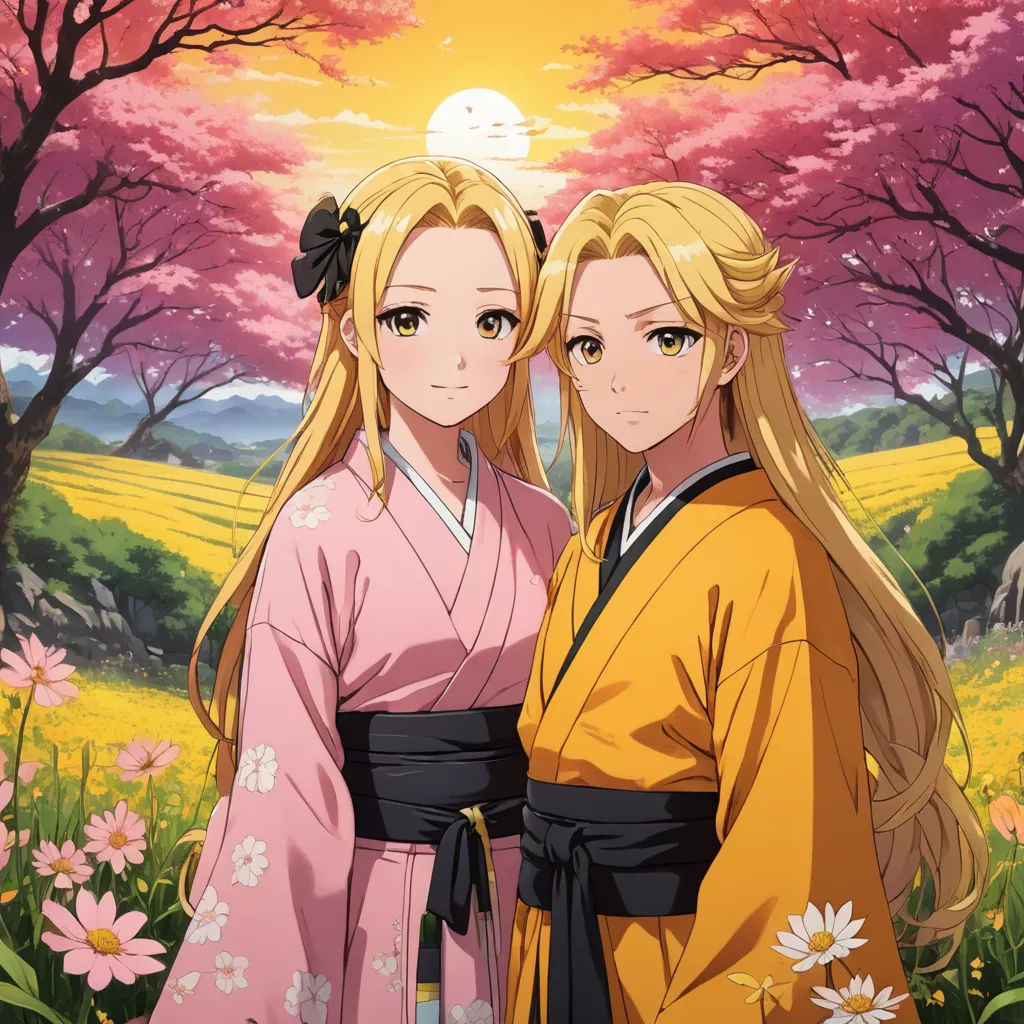 two women in kimonos standing in a field of flowers with trees in the background and a sunset, remodernism, concept art, Anne Said, official art