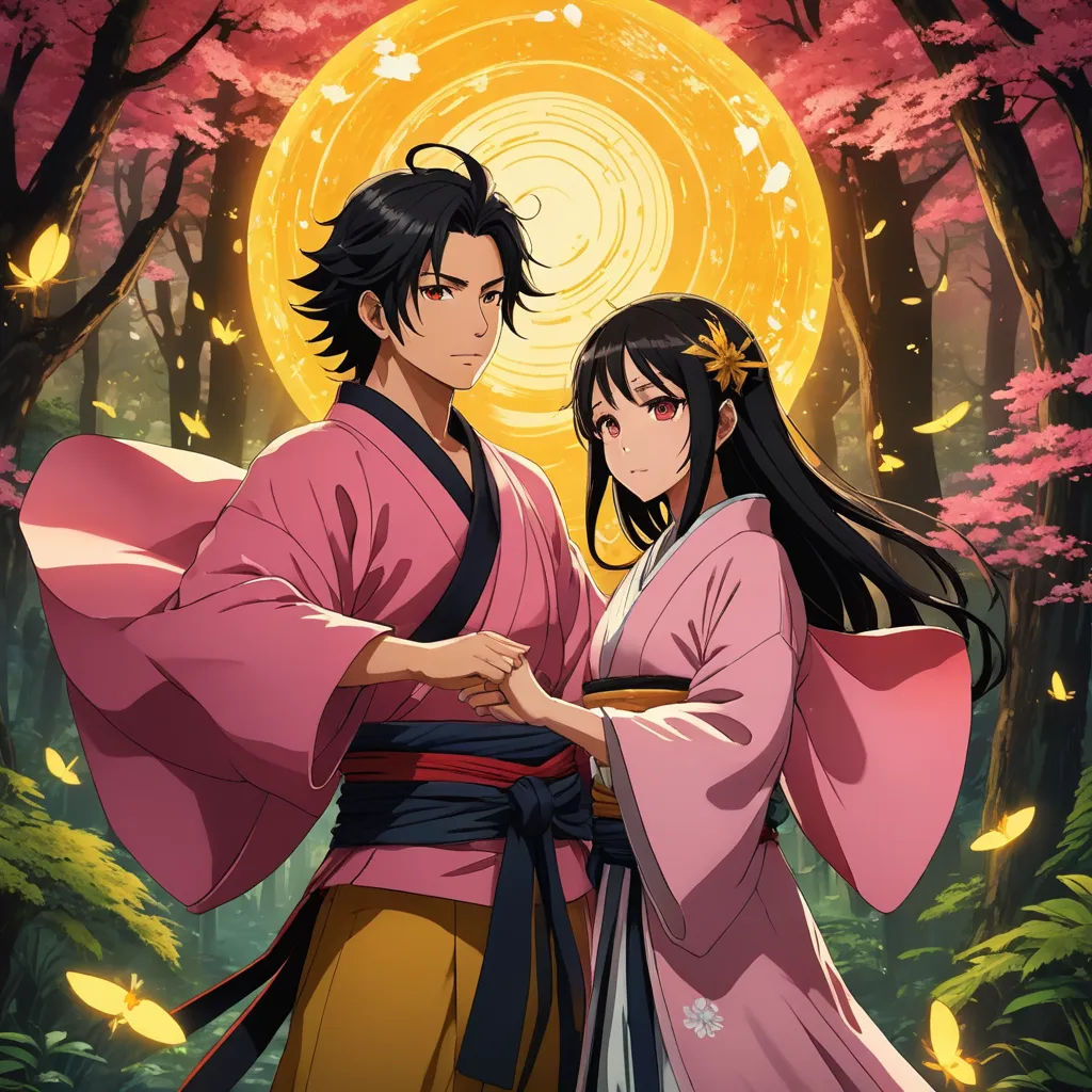 a man and woman in a pink kimono standing in front of a tree with pink flowers and a yellow sun, rayonism, poster art, Ai-Mitsu, official art