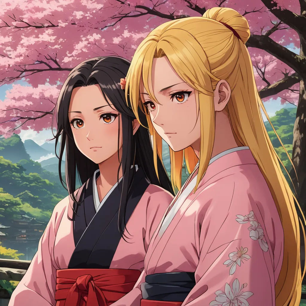 two women in kimonos standing in front of a tree with pink flowers on it and a pink sky, sots art, concept art, Anne Said, official art