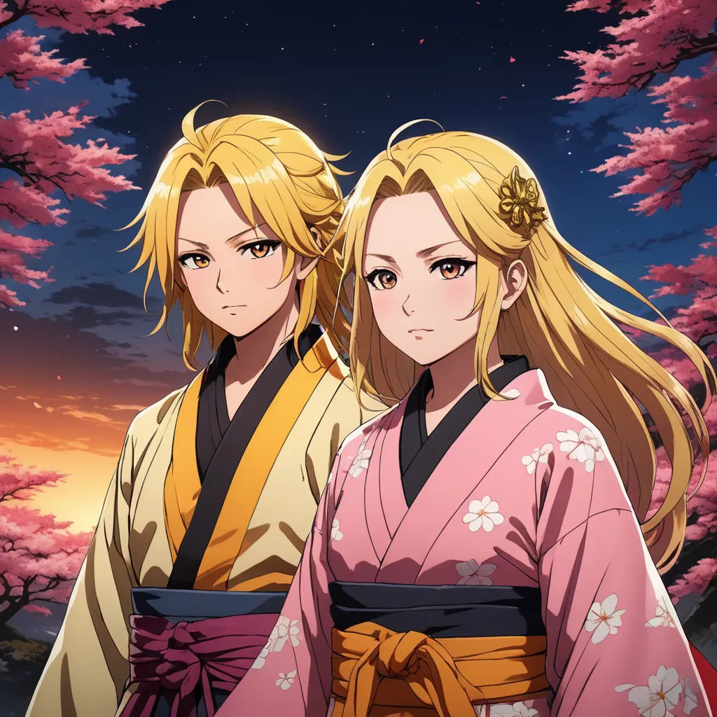 two anime characters standing in front of a sunset and trees with pink flowers on it, one of them is blonde and the other is blonde, sots art, concept art, Baiōken Eishun, official art