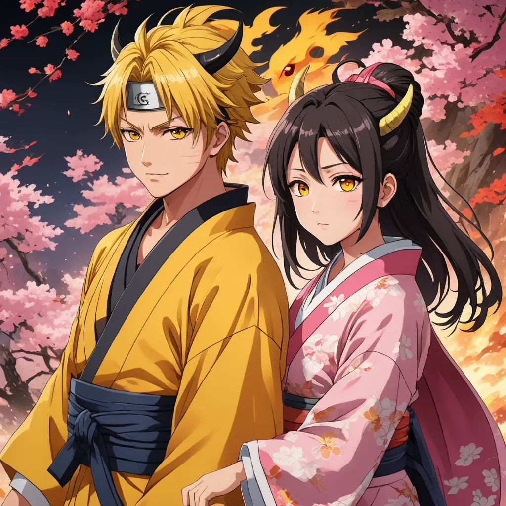 a couple of people standing next to each other in front of a tree with pink flowers on it and a yellow and black robe, sots art, concept art, Baiōken Eishun, official art