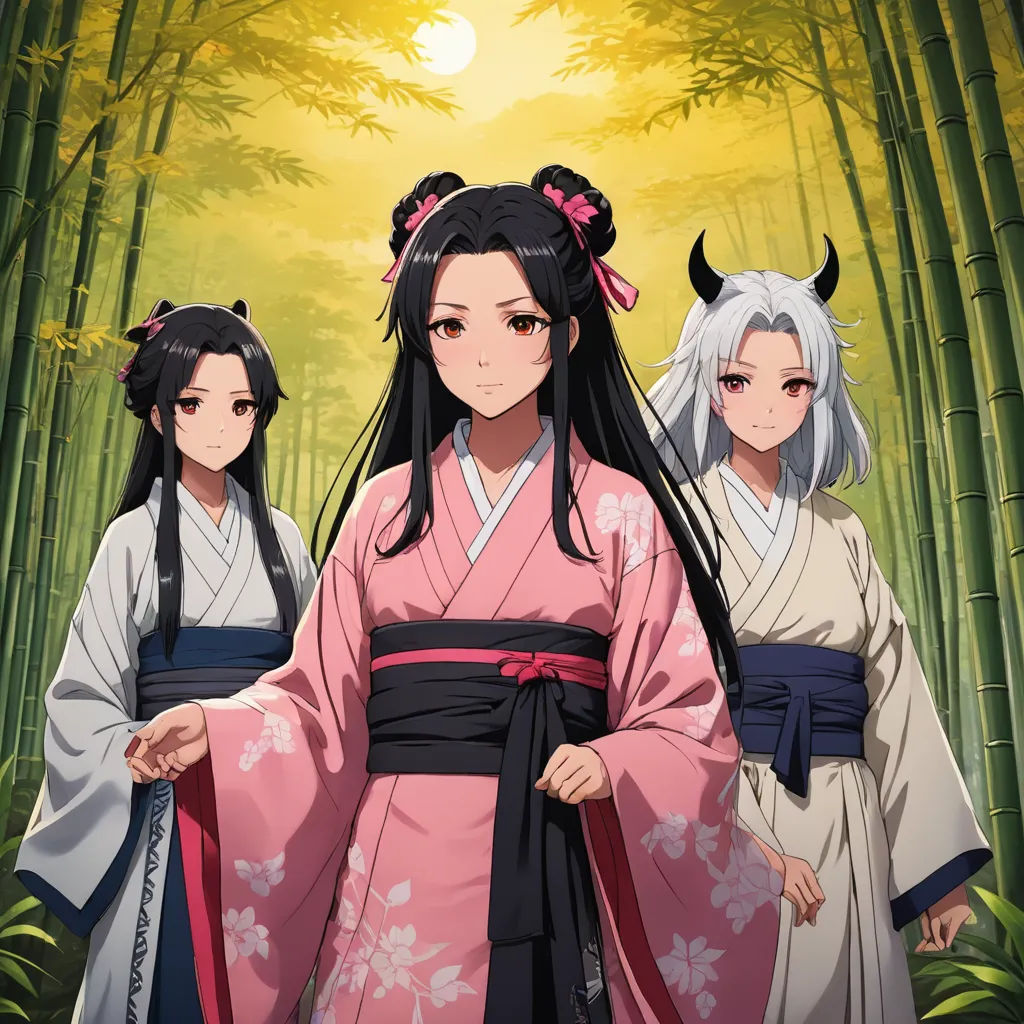 three women in traditional japanese dress standing in front of bamboo trees and bamboo trees with the sun shining behind them, lyco art, an album cover, Du Qiong, official art
