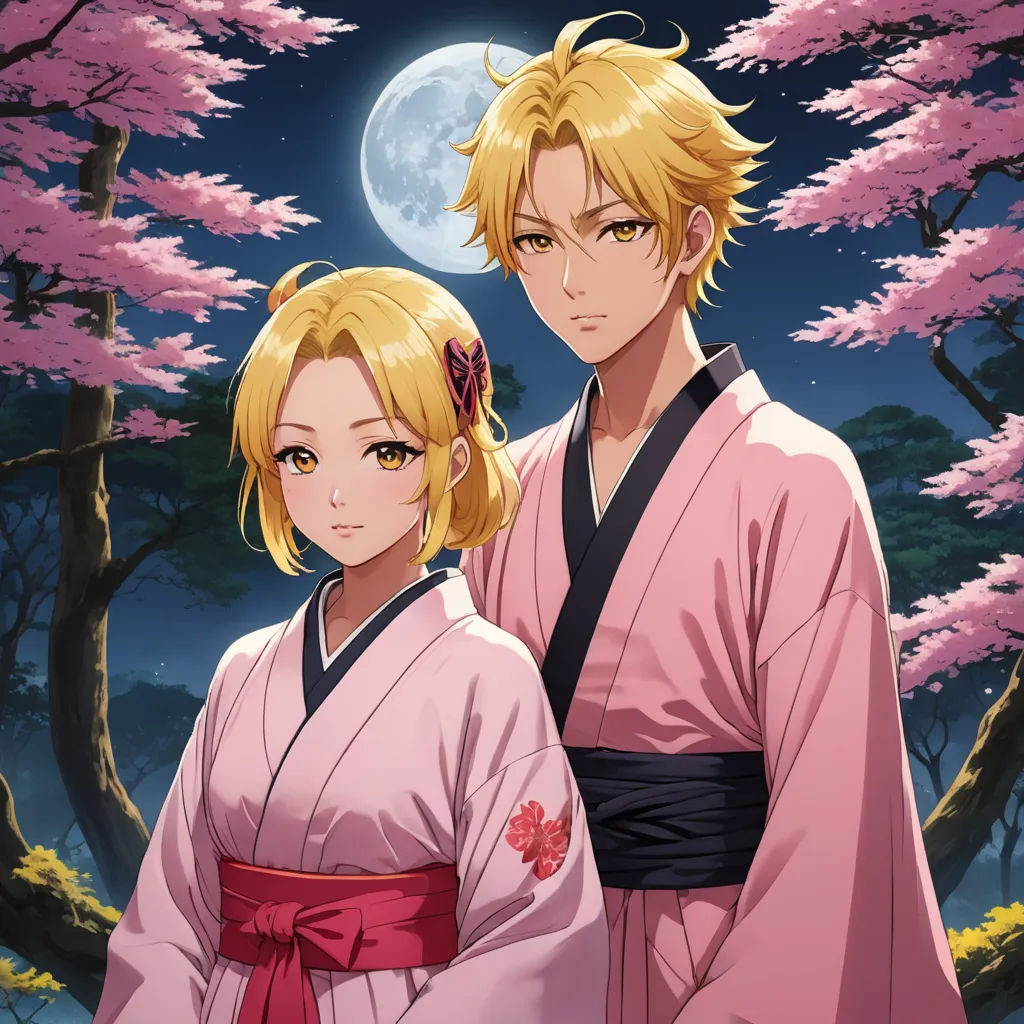 a couple of people standing next to each other in front of a tree with pink flowers on it and a full moon, sots art, concept art, Ai-Mitsu, official art