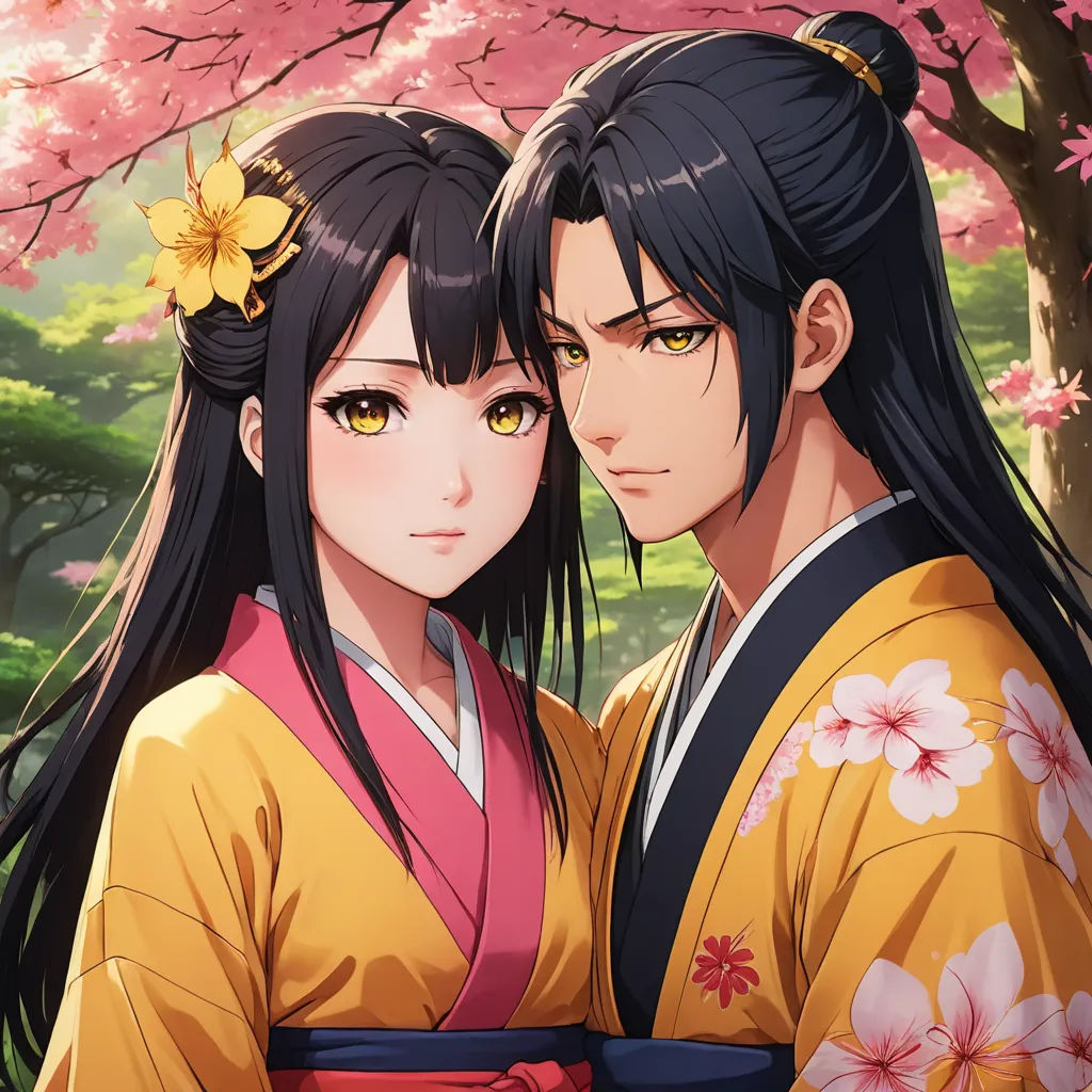 a couple of people standing next to each other near a tree with pink flowers on it and a cherry blossom tree, sots art, a character portrait, Baiōken Eishun, official art