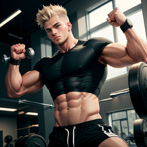 a man with a muscular body is holding a barbell in a gym room with a window behind him