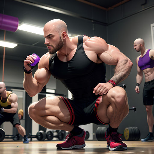 a man squatting down with a dumbbell in his hand and a man with a beard and a beard in the background