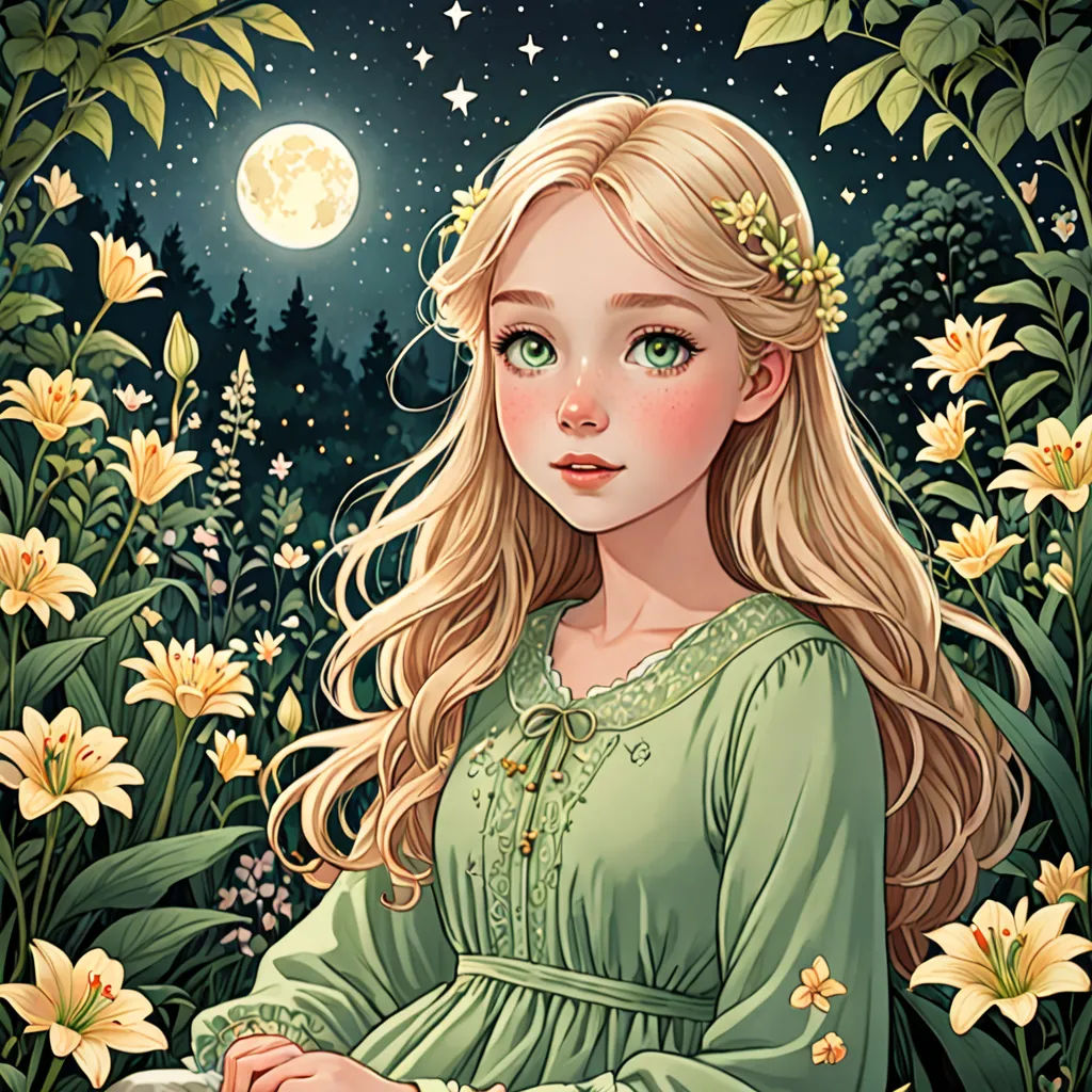 a painting of a girl in a green dress sitting in a field of flowers with a full moon in the background, fantasy art, a storybook illustration, Anna Dittmann, trending on art station