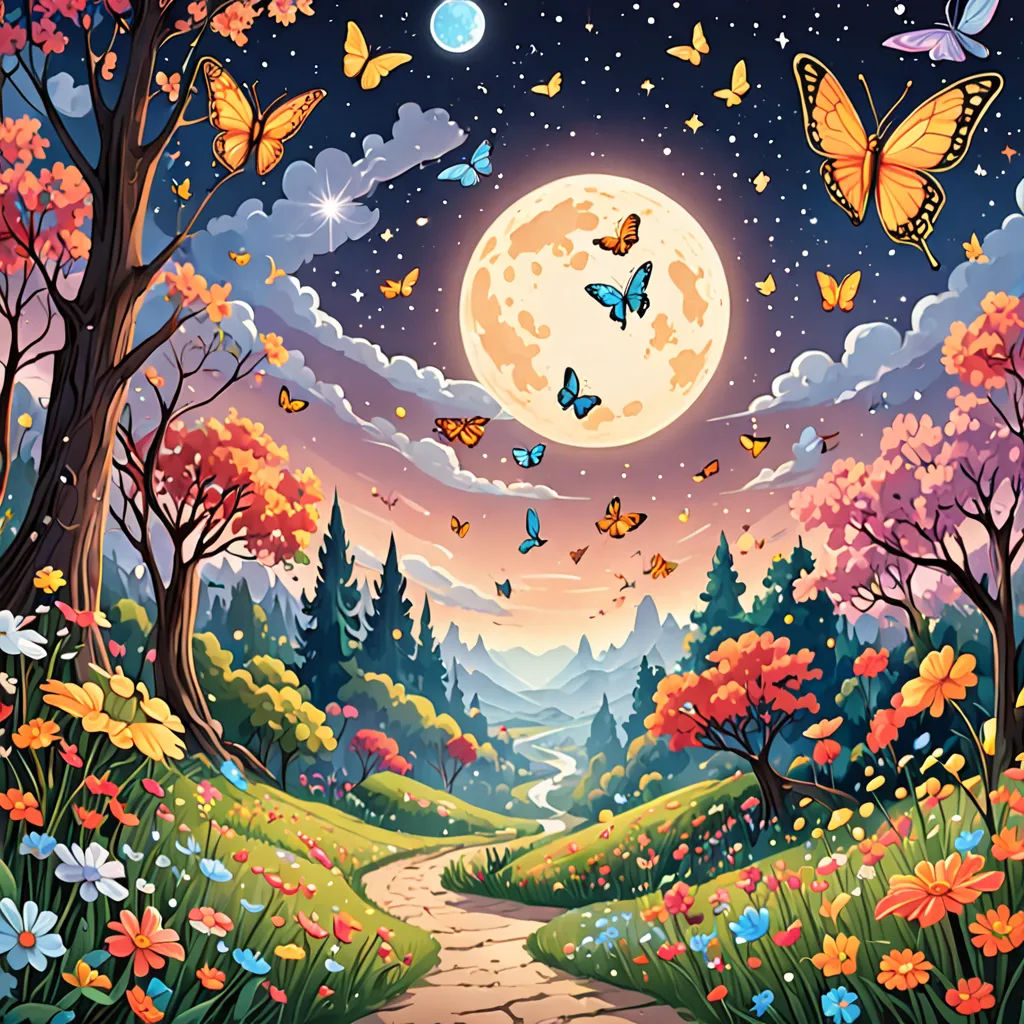 a painting of a pathway leading to a full moon with butterflies flying above it and a forest with flowers and trees, fantasy art, a storybook illustration, Chris LaBrooy, highly detailed digital painting