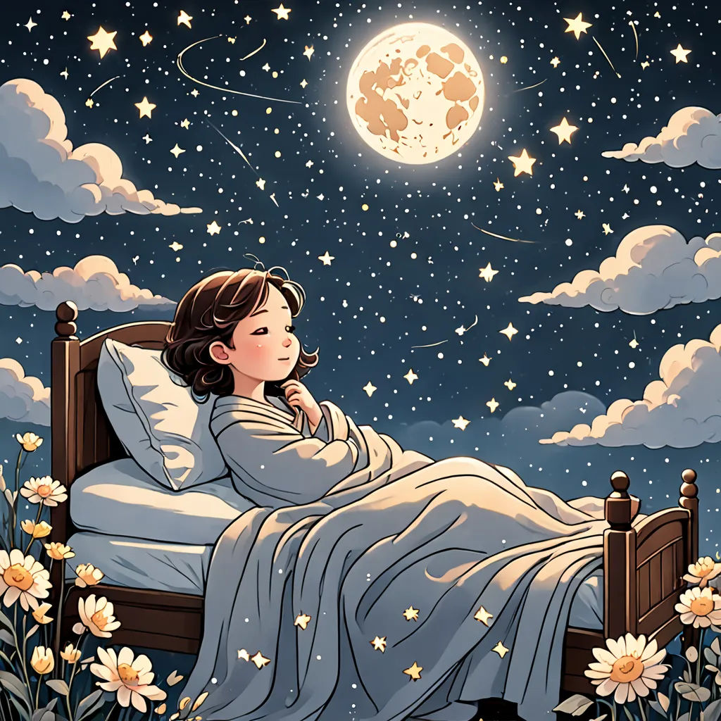 a woman laying in bed under a full moon and stars sky with clouds and flowers on the ground and a full moon in the sky, space art, a storybook illustration, Atey Ghailan, dreamlike