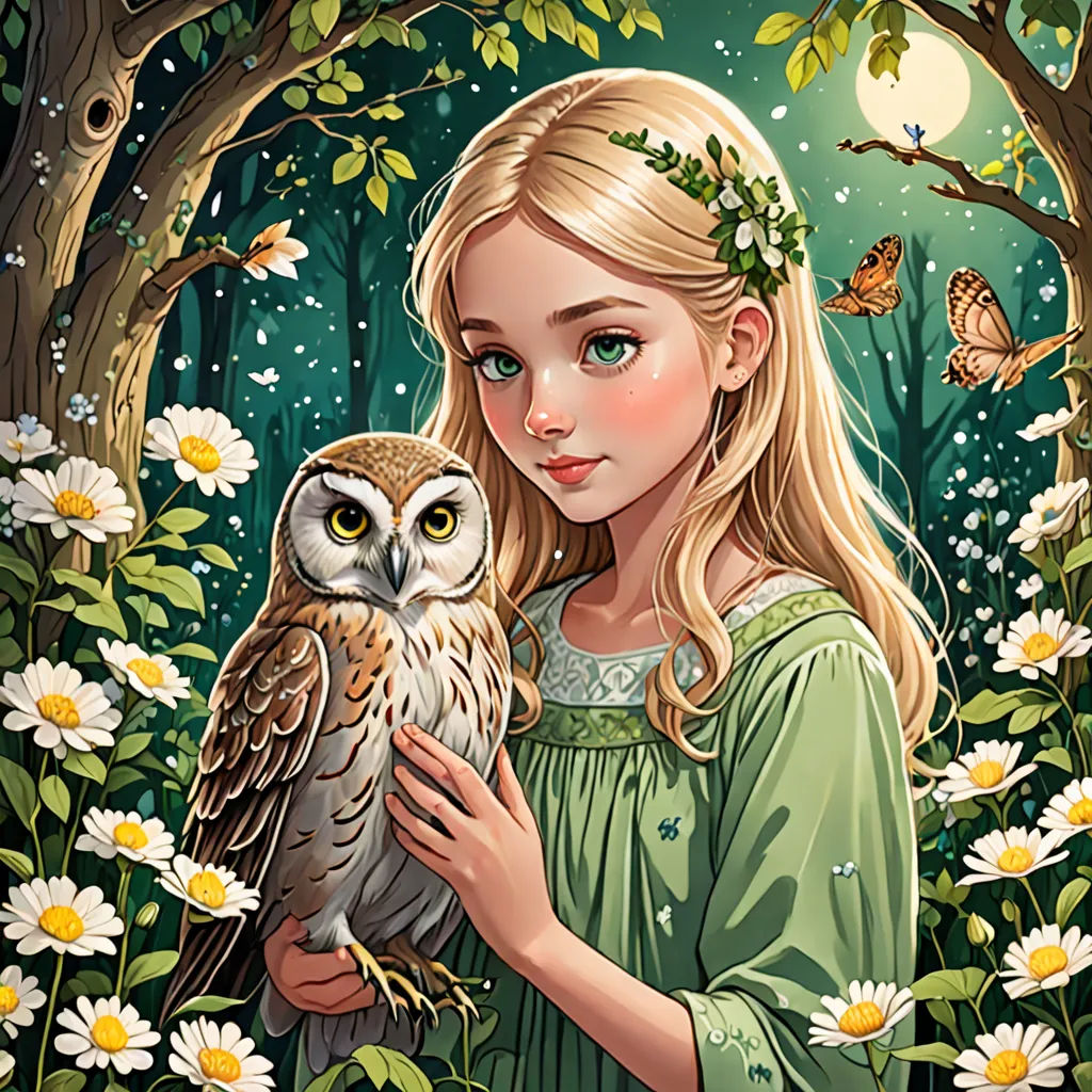 a girl holding an owl in a forest with daisies and butterflies around her, with a full moon in the background, fantasy art, a storybook illustration, Anna Dittmann, highly detailed digital painting