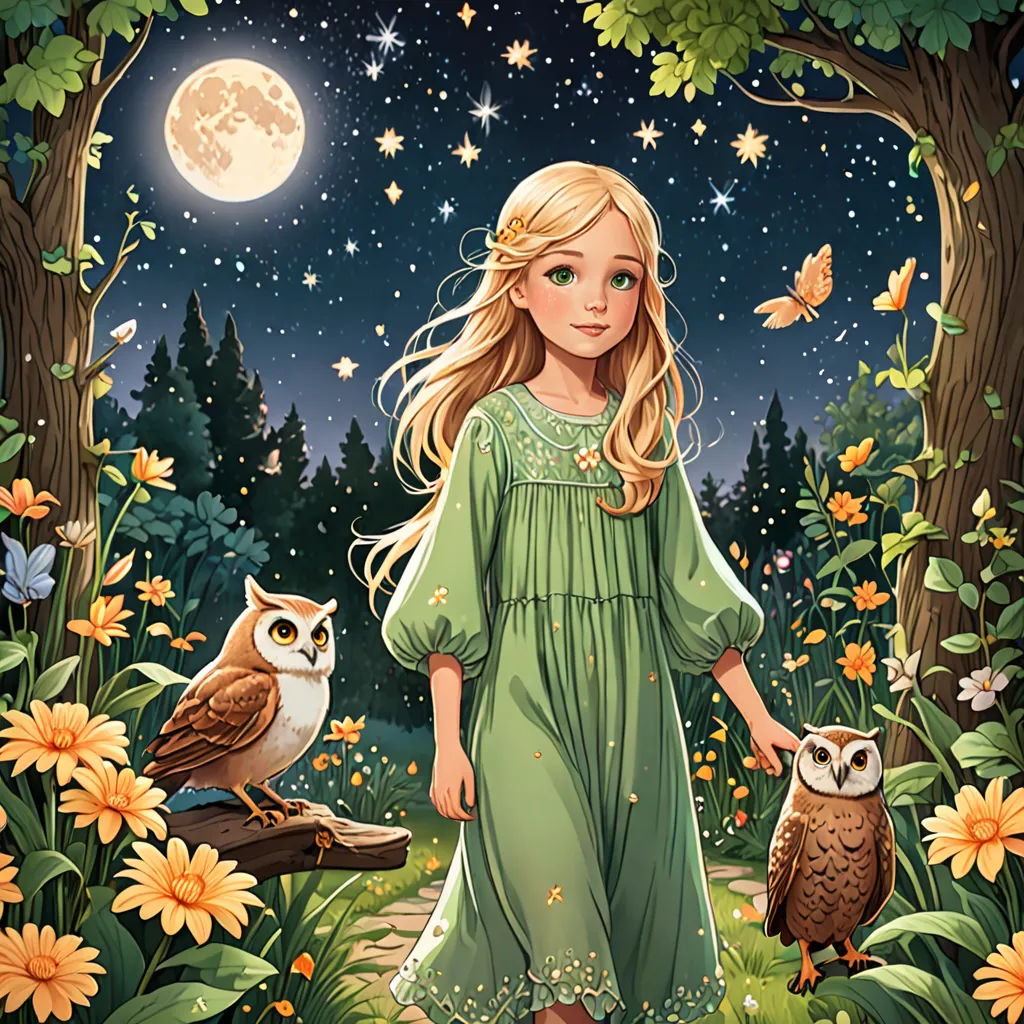 a girl in a green dress standing in a forest with owls and flowers in front of a full moon, fantasy art, a storybook illustration, Cliff Childs, storybook illustration