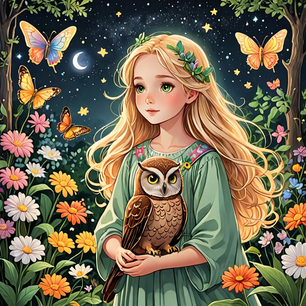 a girl holding an owl in a field of flowers and butterflies with a full moon in the background and a butterfly in the sky, fantasy art, a storybook illustration, Anna Dittmann, beautiful detailed