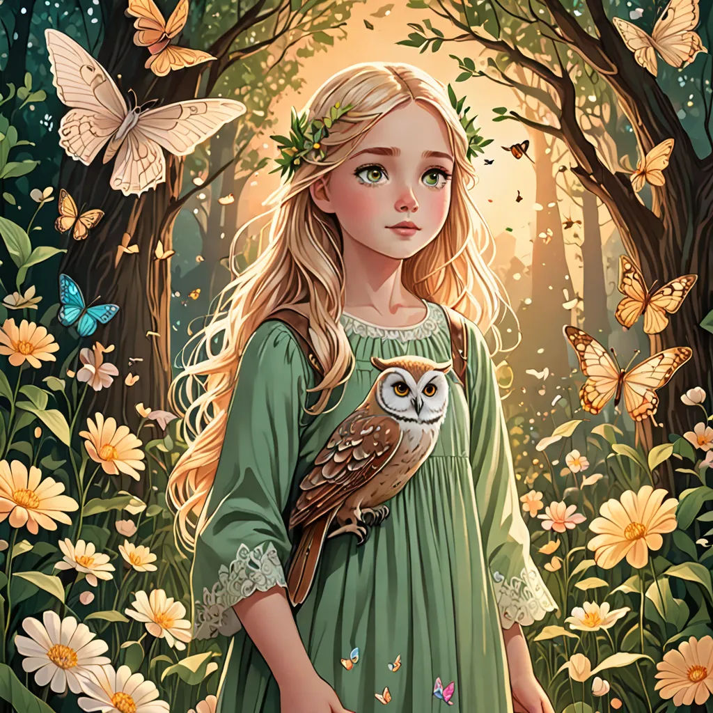 a painting of a girl in a green dress holding an owl in a forest with butterflies around her and a butterfly in her hair, fantasy art, a storybook illustration, Anna Dittmann, trending on art station