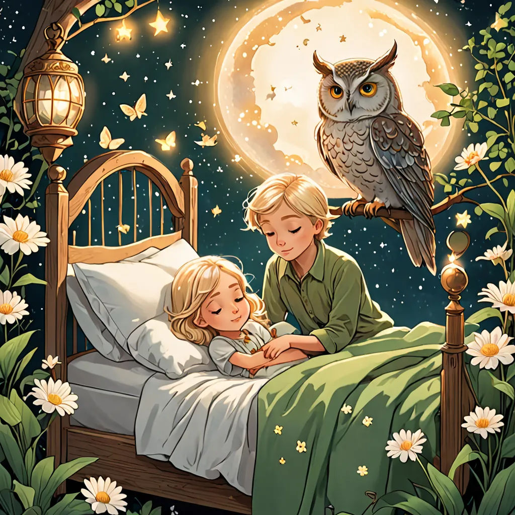 a little girl laying in bed next to a man and an owl on a night sky background with stars, fantasy art, a storybook illustration, Cliff Childs, storybook illustration