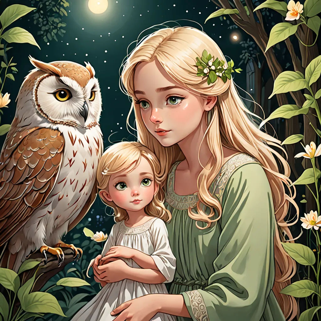 a woman and a child are standing in the woods with an owl on their shoulder and a full moon in the background, fantasy art, a storybook illustration, Anna Dittmann, trending on art station