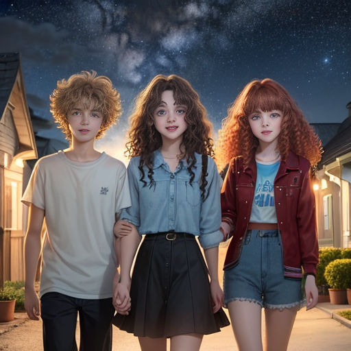 three young people standing in front of a house at night with the stars in the sky above them and a person holding the hand of the woman