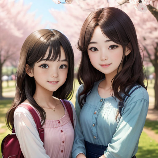 two young girls standing next to each other under a tree with pink flowers on it's branches and a cherry blossom tree in the background